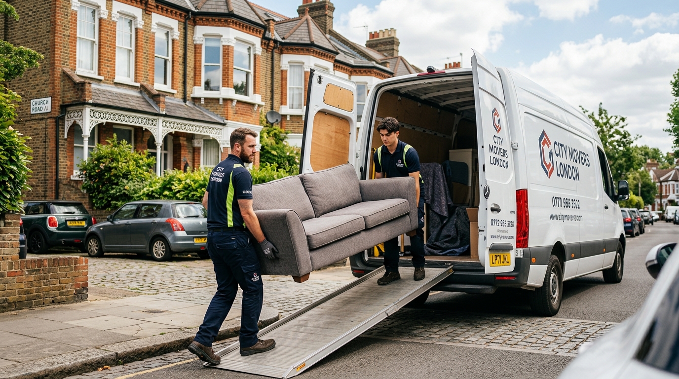 Professional movers loading furniture